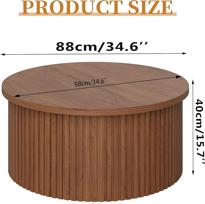 Fluted Lift Top Coffee Table with Hidden Storage, 31.6 Inch Round Coffee Tables for Living Room, Circle Wood Center Tables for Home (Walnut)