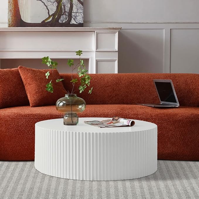 White Round Drum Coffee Table Modern Large Round Coffee Table Wood Side Table for Living Room Office Apartment