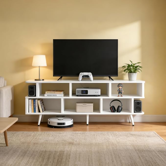 Lightdot 65 Inch TV Stand, up to 75 Inch TVs, Large Storage for Collection with 8 Open Shelves, Sturdy Media Console Table for Living Room/Entrance/Kitchen/Sofa Cabinet, Easy Assembly, White - Image 2