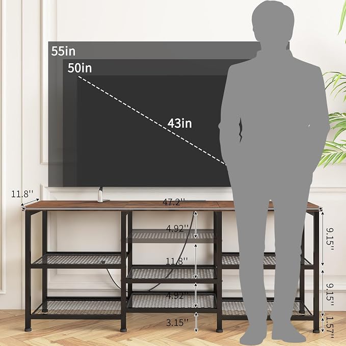 YGEOMER TV Stand for Living Room TVs Up to 55 Inches, Entertainment Center with Power Outlet and LED Lights Open Storage Shelves, TV Console for Bedroom, Rustic Brown - Image 2