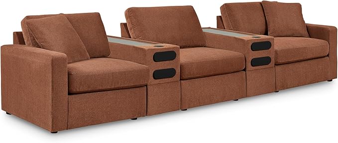 Signature Design by Ashley Modmax Contemporary Stain Resistant 5-Piece Sectional with Audio Consoles, Armrest, Throw Pillows, Reversible Cushions and USB Port, Orange