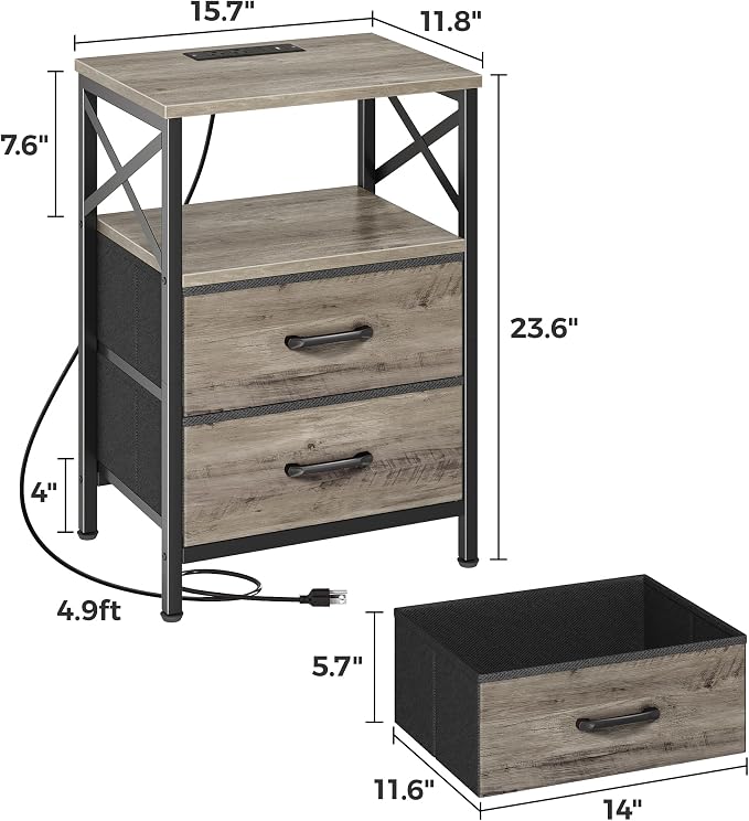 Huuger Nightstands Set of 2, Night Stand with Charger Station, 2 Drawer Side Table with Open Shelf, USB-C Port, End Table for Small Spaces, X Shaped Side Rail, Oak - Image 3