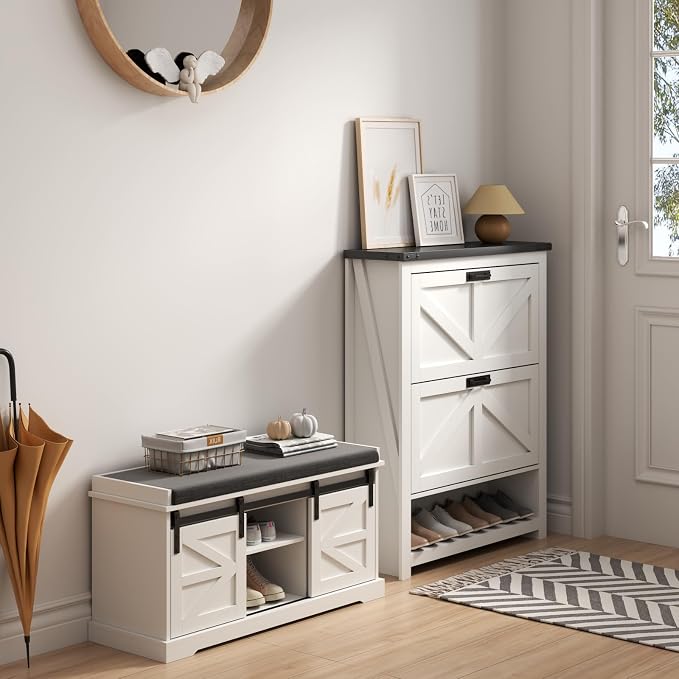 Loomie Shoe Storage Bench, 2-Tier Farmhouse Entryway Bench with Sliding Barn Door Storage Cabinets & Full Soft Removable Seat Cushion, Silm Shoe Rack with Shoe Cabinet for Entryway, Hallway, Bedroom - Image 4