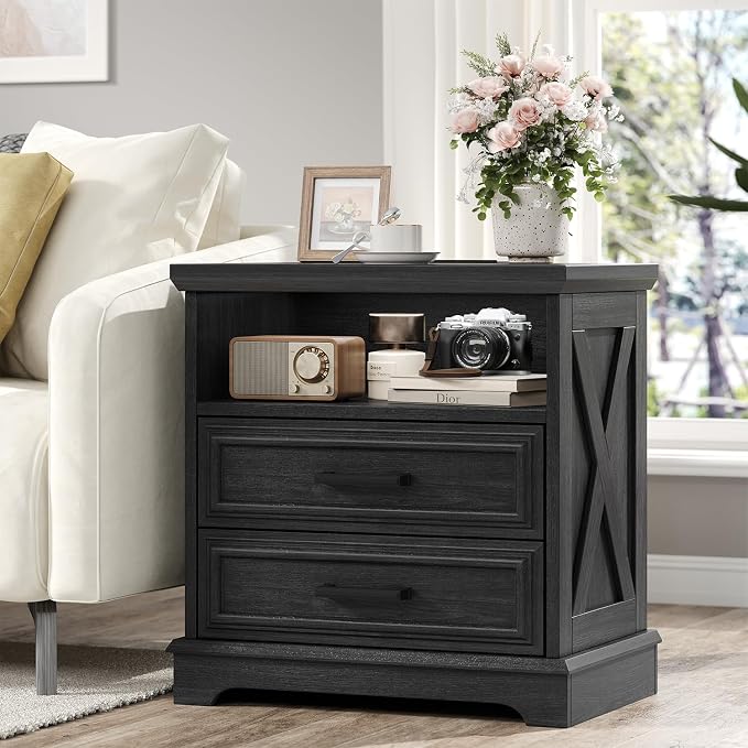 knoworld 24 Inch Wide Farmhouse Nightstands with Charging Station, Dark Gray Nightstand with 2 Large Drawers, Rustic Wood End Table for Bedroom - Image 8