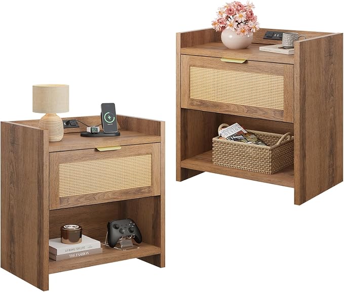 WLIVE Rattan Nightstands Set of 2, Night Stand Sets with Charging Station, Boho Bed Side Table with Storage Drawer and Open Shelf, End Tables Bedroom, Natural Oak by WLIVE