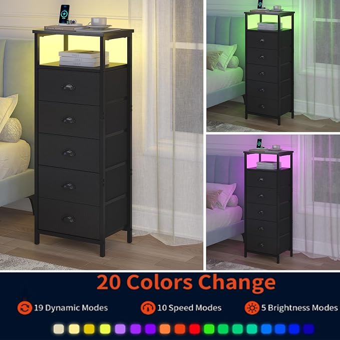 sthmec Nightstand with Charging Station,LED Black Nightstands with 5 Fabric Drawers PU Finish, Bedside End Tables, 2-Tier Open Storage Shelf Side Table Nightstand with Drawers for Bedroom, Black - Image 7
