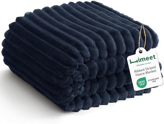 HIMEET Navy Blue Ribbed Throw XL Blanket for Couch - 300GSM Lightweight Soft Fleece Blanket for Men Women, Cozy Bed Throws Birthday Gifts, Striped Home Room Decor, Navy Blue, 50x70 Inches