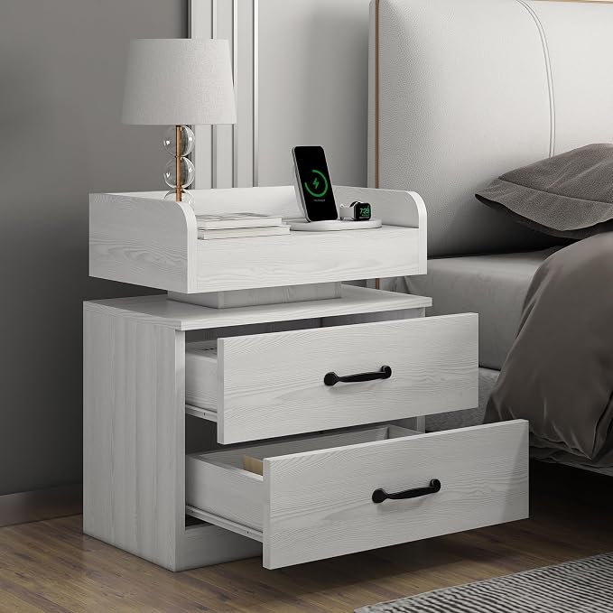 4ever2buy White Nightstand with Charging Station and LED Lights Modern Bedside Table with 2 Drawers End Table for Bedroom - Image 7