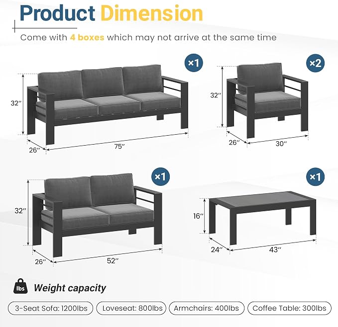 Solaste Aluminum Outdoor Patio Furniture Set, 7 Seats Patio Sectional Sofa with 5" Thick Cushion, Outdoor Patio Set with Coffee Table for Porch, Backyard, Deck, Yard, Grey - Image 2