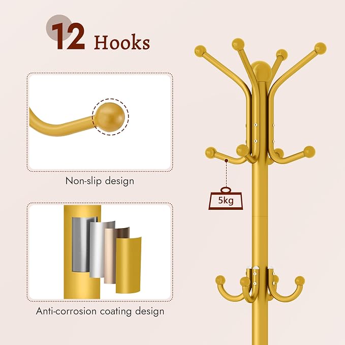 FAVOOSTY Coat Rack Freestanding,Coat Rack Stand with Umbrella Holder,Metal Coat Tree with 12 Hooks,Tree Clothes Hat for Entryway, Hallway, Bedroom, Living Room & Office -Glod - Image 3