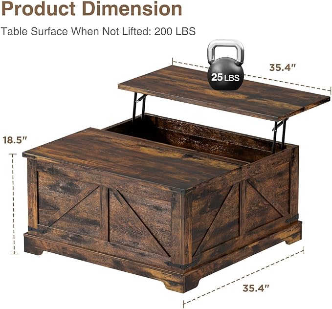 Vabches 35.4" Lift Top Coffee Table, Farmhouse Square Coffee Tables with Storage for Living Room, Center Table with USB Charging Station and Hidden Space, Grey
