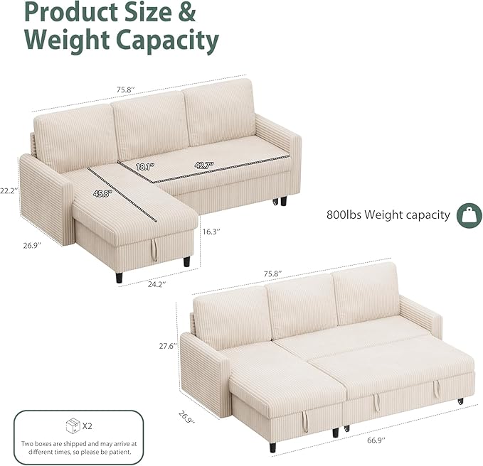 Shintenchi Futon Sofa Bed Convertible Couches L Shaped, 4‑in‑1 Sectional Sleeper Sofa Pull Out Couches for Living Room, Multifunctional Couch with Storage Chaise Corduroy Fabric, White