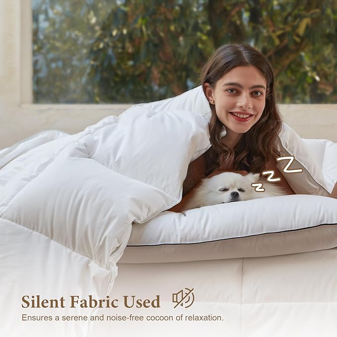 DWR Heavyweight Down Feather Fibers Comforter Oversized Full/Queen, Ultra-Soft Cotton Blend Fabric, Overfilled Winter Warm Hotel Duvet Insert for Cold Weather/Sleeper (98x98, White)