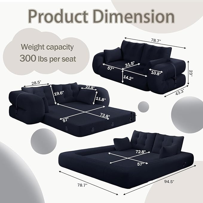 78.7" Convertible Sofa Bed, 3-in-1 Folding Floor Couch with 4 Pillows, Sleeper Sofa for Living Room and Guest Bed, No Assembly Required (Navy Blue, Teddy Fabric)