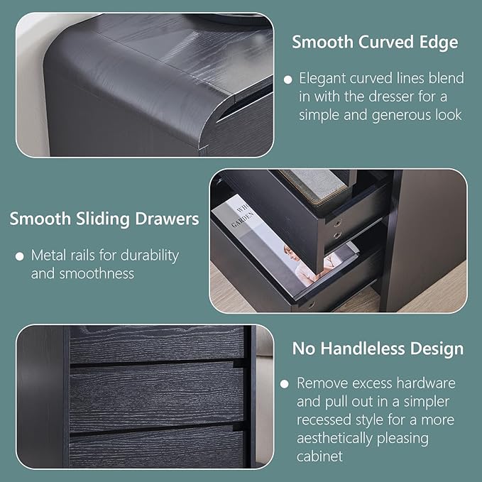 Aitjunz 25" Tall Modern Nightstand Set of 2, 23.6" Wide Wood Bedside Table with Charging Station, 3 Storage Drawers Side Table w/Curved Profile Design, End Table for Bedroom, Black - Image 6