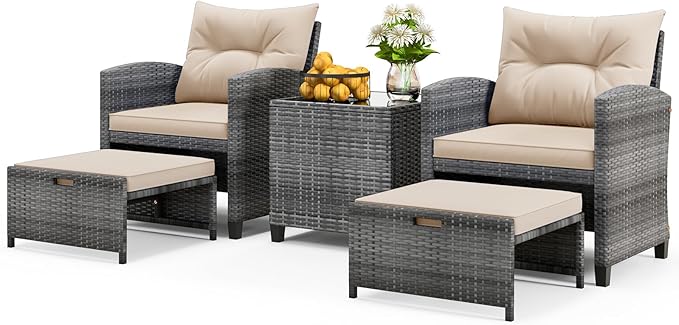 ORALNER 5 Pieces Patio Furniture Set with Ottoman, Wicker Conversation Set w/Cushions, Glass Coffee Table, Outdoor Lounger Rattan Chairs Bistro Set for Porch Balcony Garden Deck Poolside (Beige)