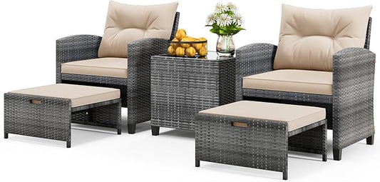 ORALNER 5 Pieces Patio Furniture Set with Ottoman, Wicker Conversation Set w/Cushions, Glass Coffee Table, Outdoor Lounger Rattan Chairs Bistro Set for Porch Balcony Garden Deck Poolside (Beige)