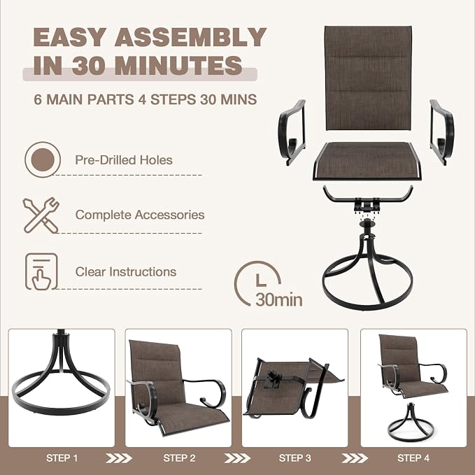 MELLCOM Swivel Outdoor Chairs Set of 8, High Back Padded Textilene Patio Dining Chairs with E-Coating Metal Frame, All-Weather Outdoor Furniture Rocker for Backyard, Porch, Garden, Lawn, Brown - Image 8