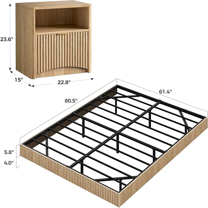 Evermagin Bedroom Furniture Set-Bed with 2 Nightstands, Mid Century Modern Bedroom Set, Floating Bed Frame Led Lights, Fluted Floating Room Furnitures, 3-Piece Room Set (Nbh, Queen)