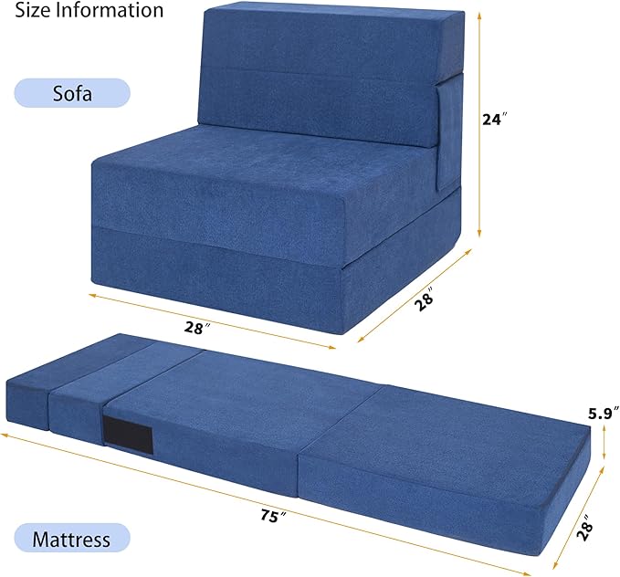 Folding Sofa Bed Chair with Pillow,Convertible Fold Out Chair Bed Sleeper,Foam Floor Mattress, Foldable Futon Couch Bed for Living Room/Dorm/Guest/Office (Blue, Single)