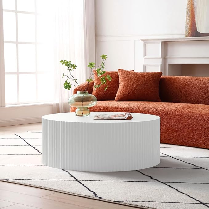 White Round Drum Coffee Table Modern Large Round Coffee Table Wood Side Table for Living Room Office Apartment