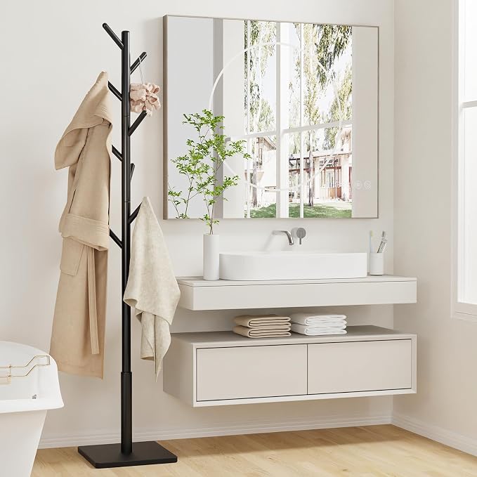 Coat Rack Freestanding with Stable Square Base for Cloathes, Hat, Used in Bedroom, Office and Entryway, Sturdy and Easy Assembly Coat Tree with 3 Adjustable Sizes and 8 Hooks, Black - Image 3