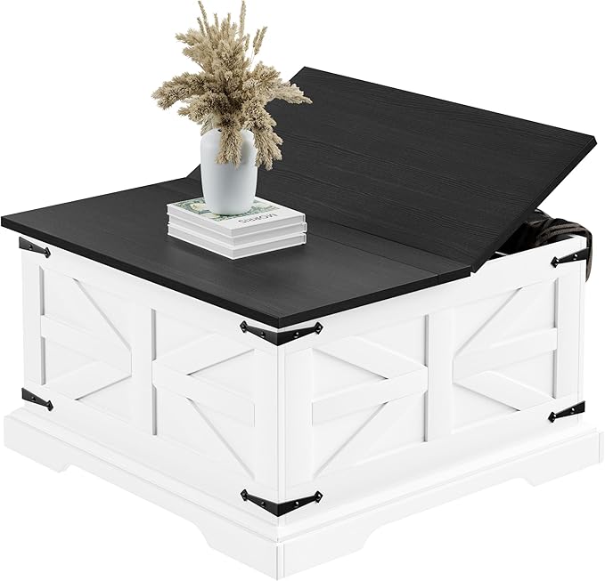 Farmhouse Coffee Table with Storage, Square Center Table for Living Room, Rustic, Hinged Lift Top Soft Close, Wood, Large Hidden Storage, Modern, Metal Corner, White Black