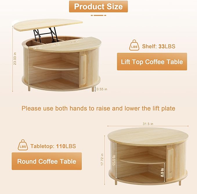 Round Lift Top Coffee Table, 31.5" Fluted Wood Lift Up Center Table with Sliding Door & Hidden Storage – Mid Century Modern Circle Coffee Table for Living Room, Apartmentm, Home Office (Natural)