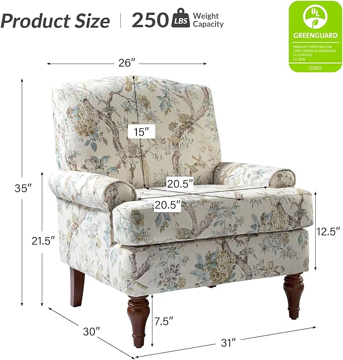HULALA HOME Accent Chair Set of 2 with Solid Legs & Removable Cushion, Farmhouse Floral Comfy Upholstered Armchair, Leisure Single Sofa Chair for Living Room Bedroom