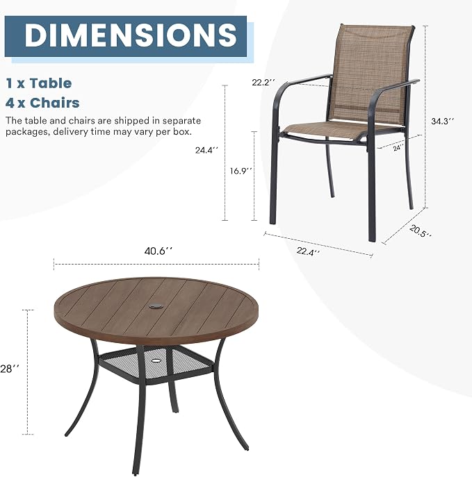 DIFY Outdoor Dining Set for 4, Patio Dining Furniture Set Includes 42" Walnut Round Table with Adjustable Umbrella Hole and 4 Brown Stackable Metal Chairs for Poolside, Garden, Backyard - Image 7