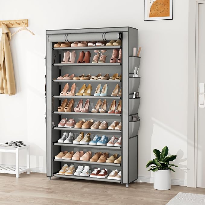 Shoe Rack with Cover, 10 Tier Shoe Organizer Storage for 40-50 Pairs Sneaker and Boots, Large Capacity, with 8 Pockets, Free Standing Tall Shoe Rack for Front Door Entrance, Closet, Grey - Image 2