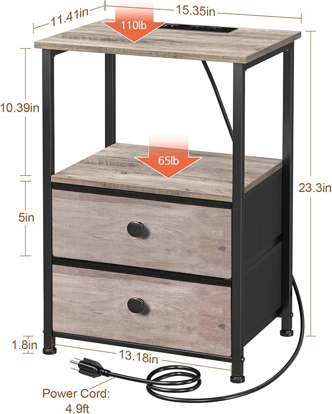 LOAKEKEL Night Stand Set 2, LED Nightstand with Charging Station, End Tables with Storage Shelf, Bedside Table with 2 Fabric Drawers for Bedroom, Small Spaces, Grey HETS02PGY - Image 3