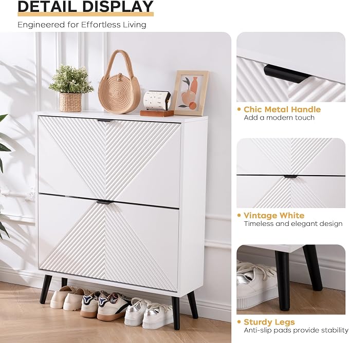 oakvivo Shoe Cabinet Storage, Farmhouse Freestanding Organizer with 2 Flip Drawers and 4 Wooden feet, Narrow Shoe Rack Cabinet for Entryway, Foyer, Hallway, White - Image 4