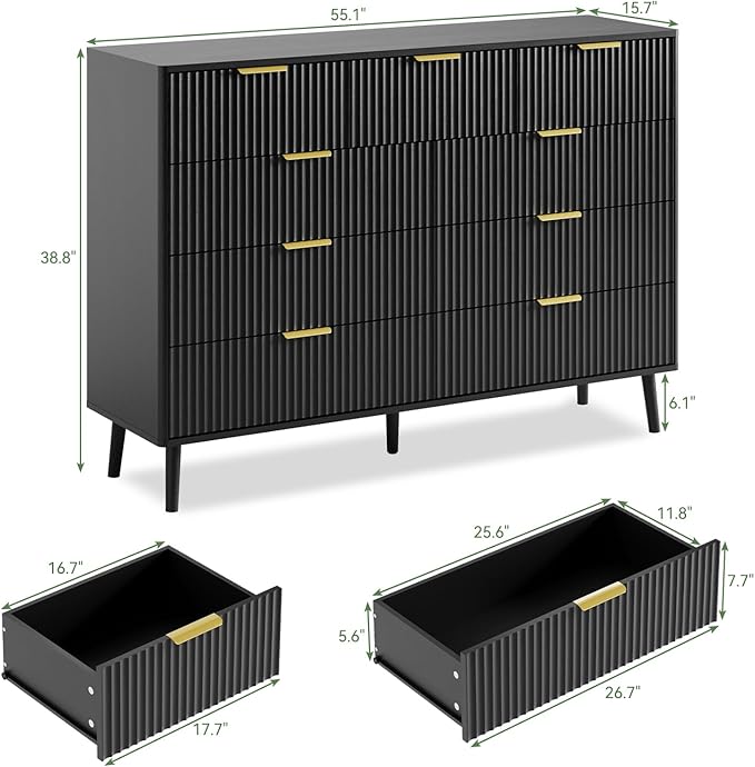 LYNSOM Fluted Dresser and Nightstand Set, 3 Pieces Bedroom Set, 55 Inch Wide 9-Drawer Dresser & 2-Drawer Nightstands Set of 2, Modern Dressers Set for Bedroom, Hallway, Black