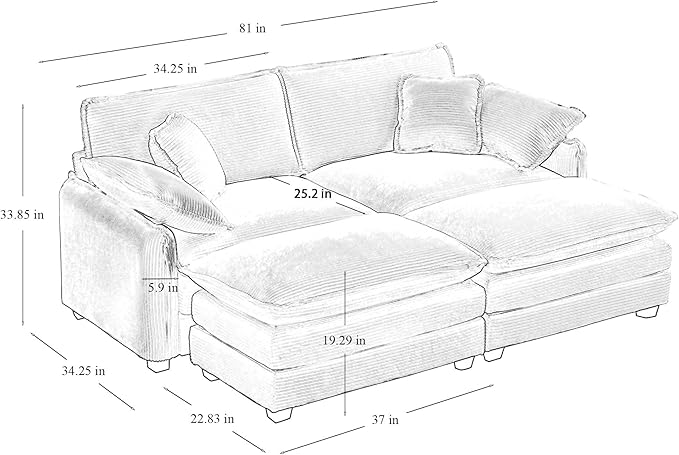 KEIKI 81" Oversized Corduroy Modular Sectional Loveseat Sofa with 2 Ottoman, High-Density Foam Cushions, Removable Armrests, Upholstered 2-Seater Corner Couch with 4 Pillow, for Living Room, Green