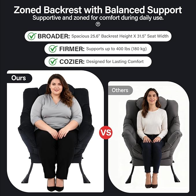 Lazy Chair with Ottoman, Modern Accent Chair with Lumbar Pillow, Velvet Black Sofa, Armchairs with Folding Footrest, Oversized Supportive Chairs for Bedroom, Reading