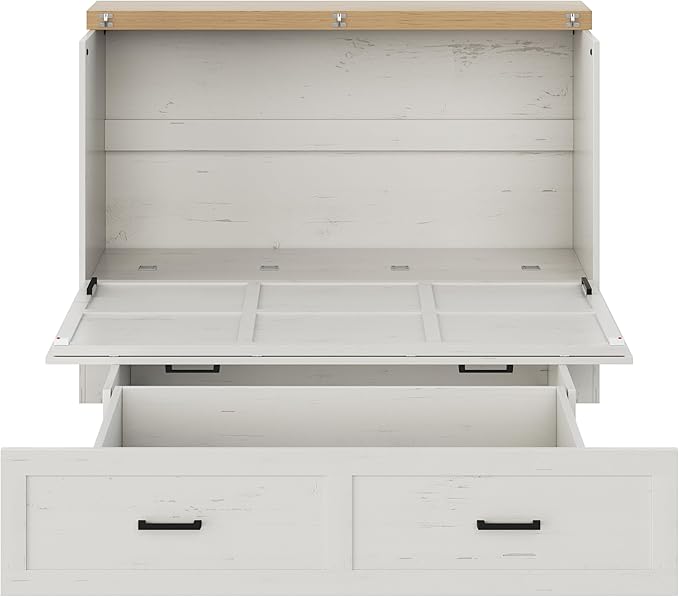 Bellemave Queen Murphy Bed, Cabinet Bed with Charging Station and 1 Large Storage Drawer, Farmhouse Murphy bedframe with Foldable Panel, Noisy Free, for Guest Bedroom, Living Room, White