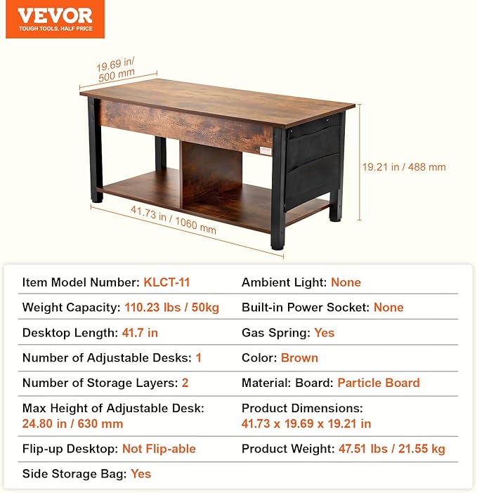 VEVOR Lift Top Coffee Table, 41.7 in Rectangle Coffee Table with Extra Storage Pockets, Pop Up Coffee Table for Living Room, Brown