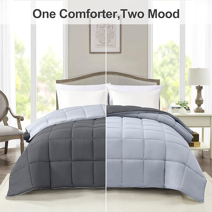 Homelike Moment Twin Comforter Duvet Insert- Grey Down Alternative Bed Comforter Twin Size, Lightweight Bedding Comforters Quilted Soft All Season Reversible Dark Gray/Light Grey