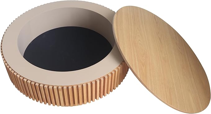 φ31.5 Round Coffee Table with Storage, Wood Veneered Pedestal End Table for Living Room, Modern Contemporary Circle Fluted Drum Side Table for Small Space - ø31.5" x 14"H Oak