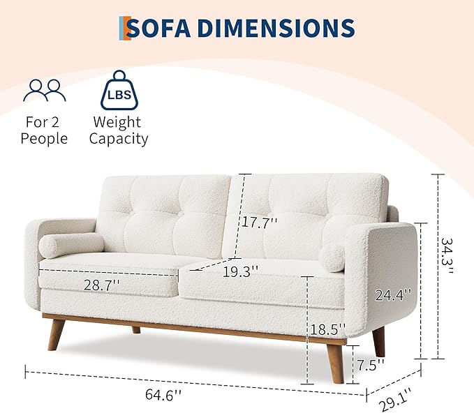 65" Mid Century Modern Couch Sofa Loveseat, Comfy Love Seat Couches for Living Room, 2 Seater Teddy Fleece Boucle Upholstered Deep Seat Couch for Bedroom Office Small Space, Beige Cream
