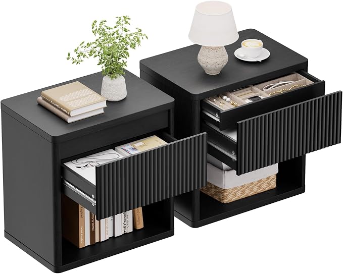 XIAO WEI 22.8" Wide Black Fluted Nightstands with Hidden Drawer, Mid Century Modern Bedside Table with Open Shelf, Large Accent End Table, Curved Profile Design - Image 7