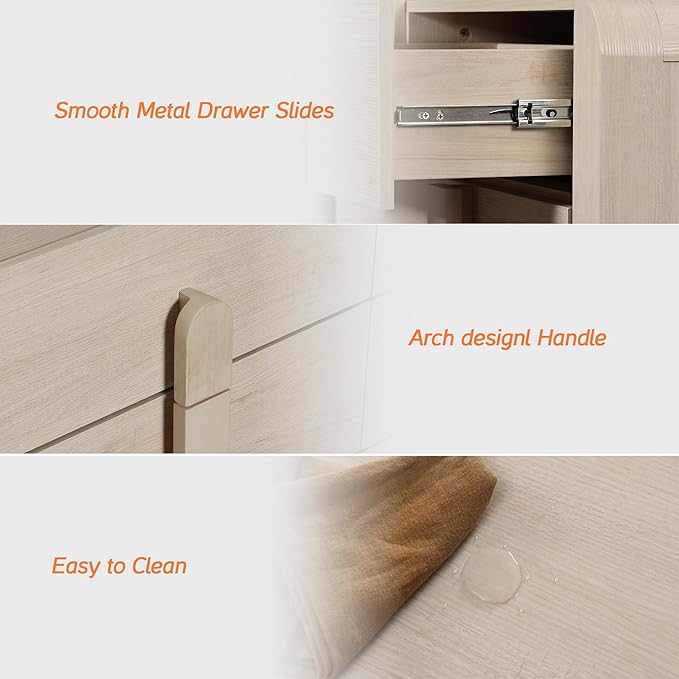 WAMPAT Dresser and Nightstand Sets, 47.2" W Mid Century Modern Chest of Drawers, Wood 6 Drawer Dresser & Nightstand with Charging Station, Curved Profile Design, Beige
