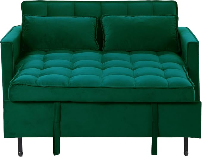 3 in 1 Convertible Sofa Bed, Love Seat Sleeper Bed with Side Pockets, Velvet Fabric Pull Out Couch with Adjustable Backrest for Living Room, Bedroom, Apartment, Dark Green