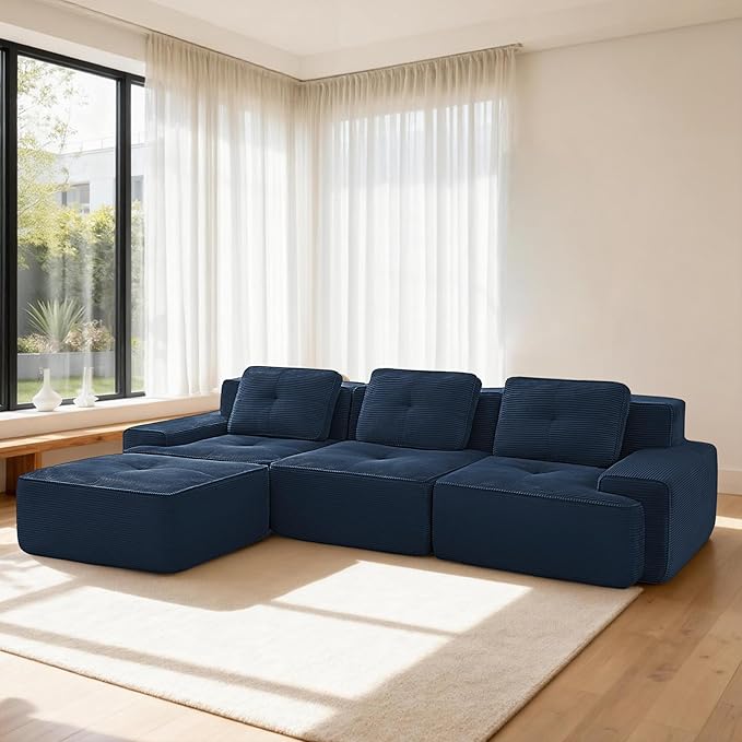Casaphoria 115'' Boneless Sofa with Ottoman, 3-Seater Modular Couch with 3 Pillows for Living Room, L Shape Cloud Sectional Sofa, No Assembly, Blue