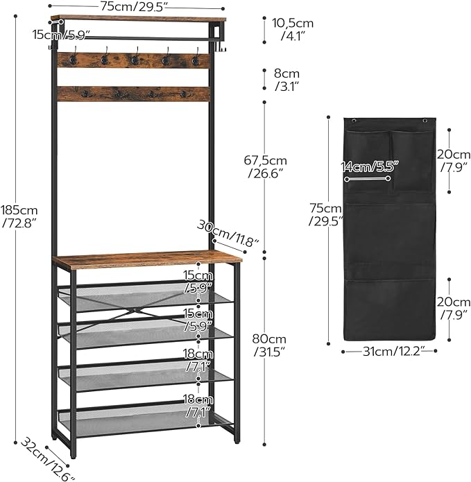 HOOBRO Hall Tree with Bench, Entryway Coat Rack with Shoe Rack, Shoe and Coat Rack, 5 Tier Shoe Storage Organizer with Oxford Fabric Side Pockets, Adjustable Mesh Shelves, Rustic Brown BF75MT01 - Image 5