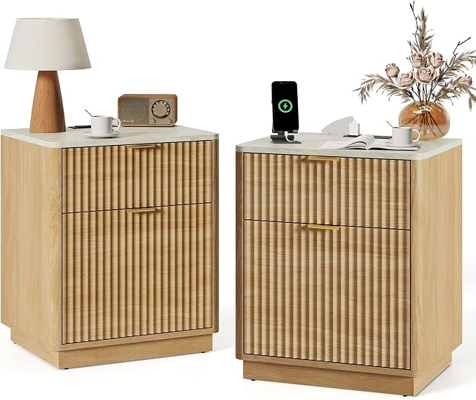 24” Tall Nightstand - Fluted Night Stand with Charging Station Faux Marble Top Bedside Table with Curved Profile Design for Bedroom/ 2 Drawer, Natural Wood - Image 7