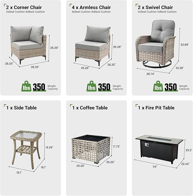 11 Pcs Patio Furniture with Fire Pit Table, Outdoor Rattan Wicker Conversation Set with Glowing Coffee Table, Comfy Sectional Sofa for Porch Balcony Backyard Pool, Grey