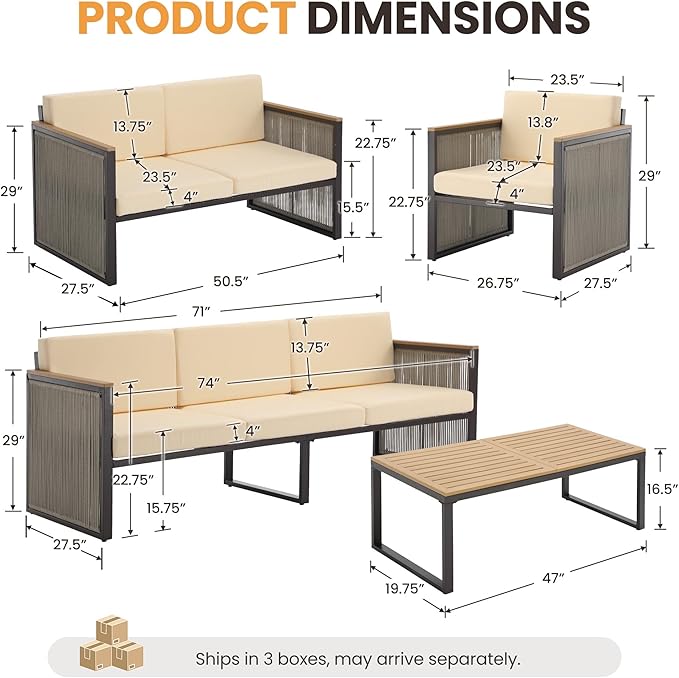 5 Piece Patio Conversation Set for 7, Modular Patio Sofa Couch with Cushions, Rattan Outdoor Patio Furniture Set with Loveseat/Coffee Table, Outdoor Sectional Furniture for Deck/Porch, Beige