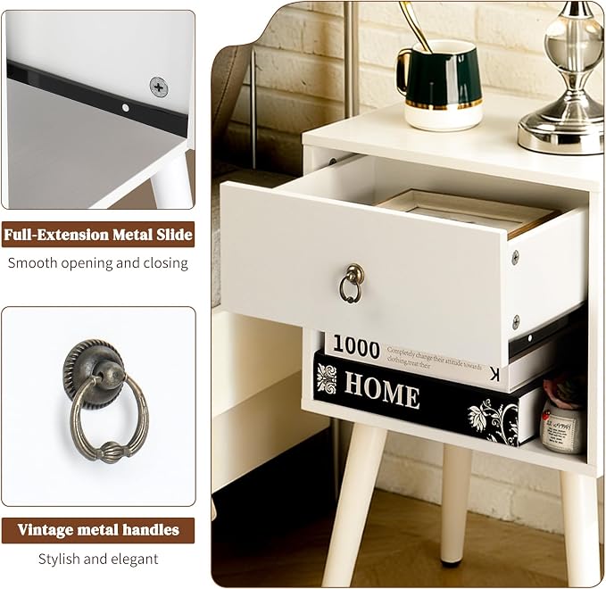 Bonnlo White Nightstand, Modern Bedside Table with Drawer Open Shelf, End Table with Solid Wood Legs for Bedroom、Living Room - Image 3